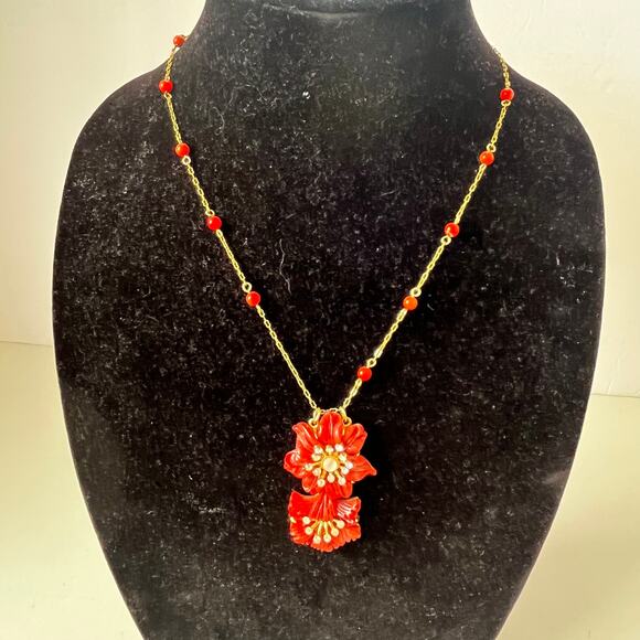 Y2K Joan Rivers Coral Enamel Pendant Necklace Gold Tone Chain Retro Rhinestone - Picture 13 of 13